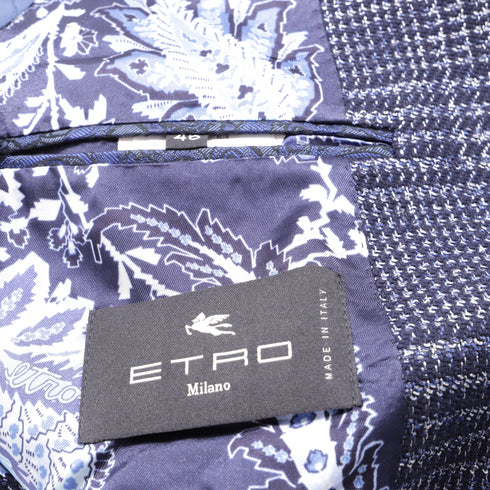 Men's Etro Plaid Tweed Single-Breasted Balzer in Navy Blue Cotton