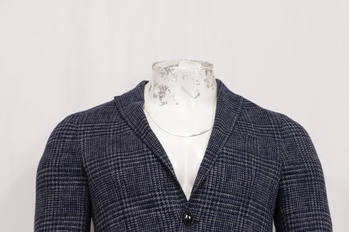 Men's Etro Plaid Tweed Single-Breasted Balzer in Navy Blue Cotton