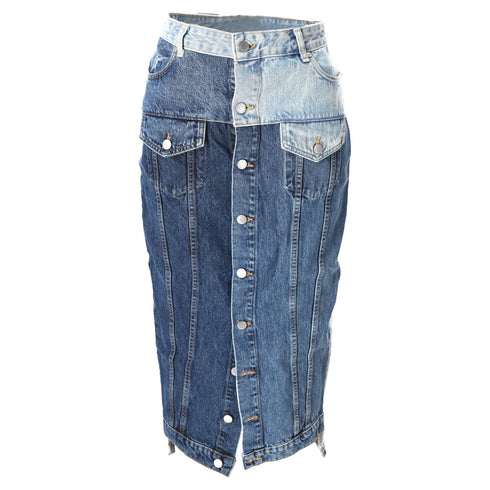 Women's Red Valentino Frayed Patchwork Midi Skirt in Light Blue Denim