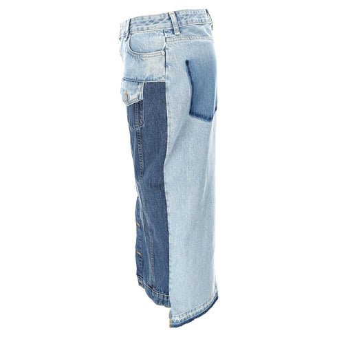 Women's Red Valentino Frayed Patchwork Midi Skirt in Light Blue Denim