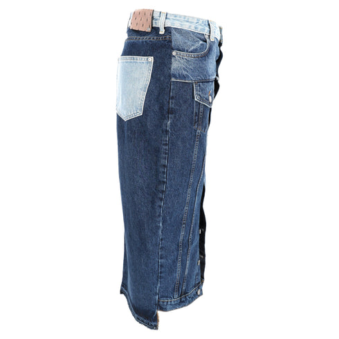 Women's Red Valentino Frayed Patchwork Midi Skirt in Light Blue Denim