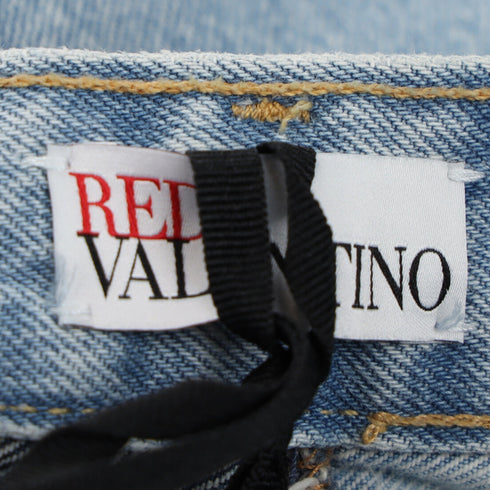 Women's Red Valentino Frayed Patchwork Midi Skirt in Light Blue Denim
