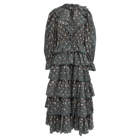 Women's Ulla Johnson Odile Ruffled Midi Dress in Olive Cotton