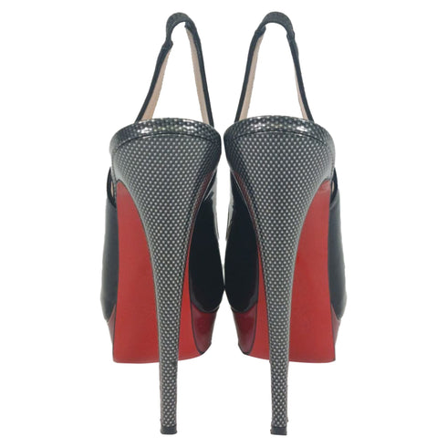 Women's Christian Louboutin Lady Peep Sling 150 Pumps in Black Patent Leather
