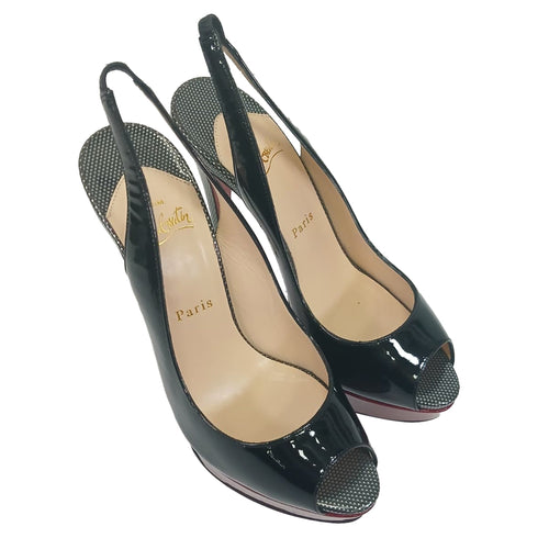 Women's Christian Louboutin Lady Peep Sling 150 Pumps in Black Patent Leather