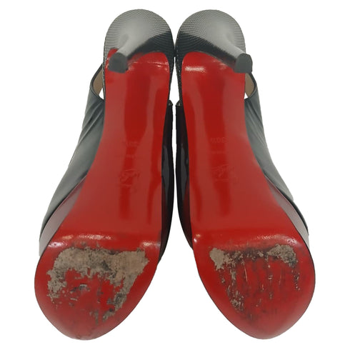 Women's Christian Louboutin Lady Peep Sling 150 Pumps in Black Patent Leather