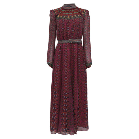 Women's Saloni Jacqui B Belted Chiffon Dress in Burgundy Silk
