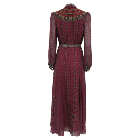 Women's Saloni Jacqui B Belted Chiffon Dress in Burgundy Silk