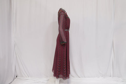 Women's Saloni Jacqui B Belted Chiffon Dress in Burgundy Silk