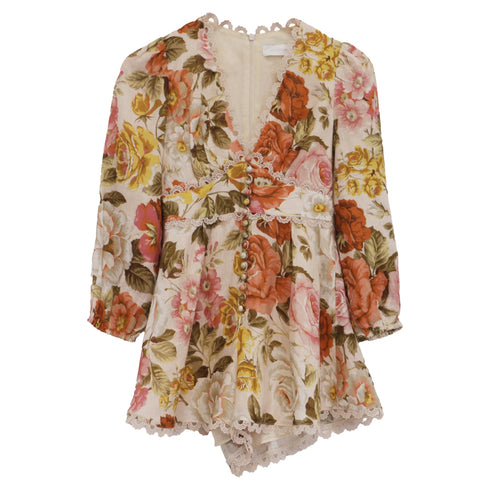 Women's Zimmermann Bonita Floral-Print Rompers in Multicolor Linen