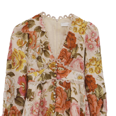 Women's Zimmermann Bonita Floral-Print Rompers in Multicolor Linen