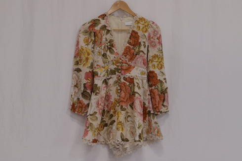 Women's Zimmermann Bonita Floral-Print Rompers in Multicolor Linen