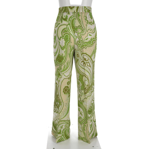 Women's Etro Paisley-Print Trousers in Green Silk