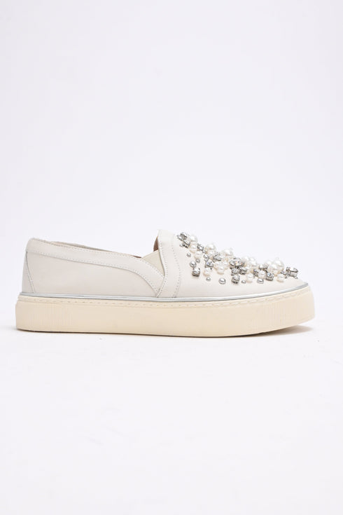 Women's Stuart Weitzman Decor Embellished Slip-On Platform Sneakers in White Leather