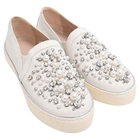 Women's Stuart Weitzman Decor Embellished Slip-On Platform Sneakers in White Leather