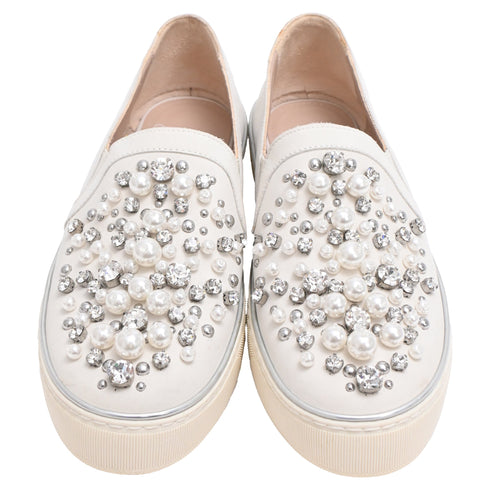 Women's Stuart Weitzman Decor Embellished Slip-On Platform Sneakers in White Leather