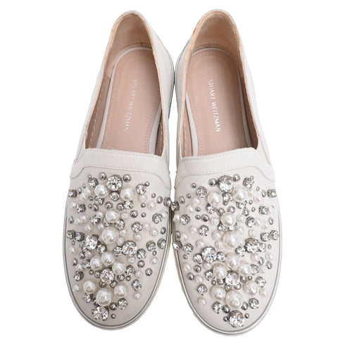 Women's Stuart Weitzman Decor Embellished Slip-On Platform Sneakers in White Leather