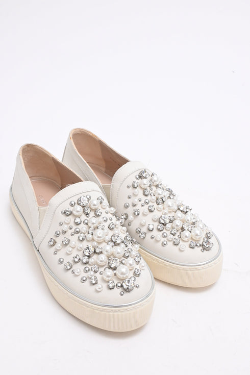 Women's Stuart Weitzman Decor Embellished Slip-On Platform Sneakers in White Leather
