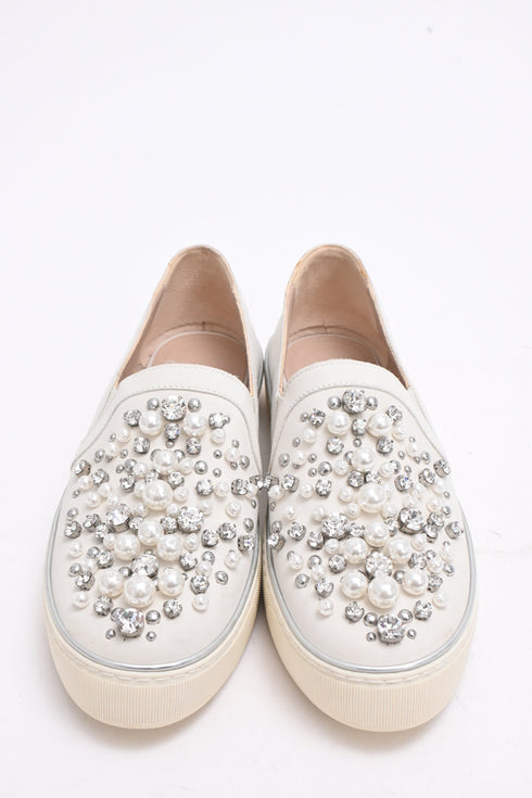 Women's Stuart Weitzman Decor Embellished Slip-On Platform Sneakers in White Leather