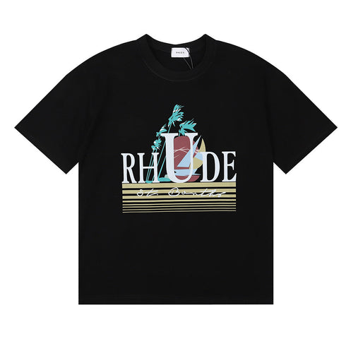 Rhude T-shirts Coconut Sunset Sailing Printing Cotton Casual Loose Short Sleeve Men and Women