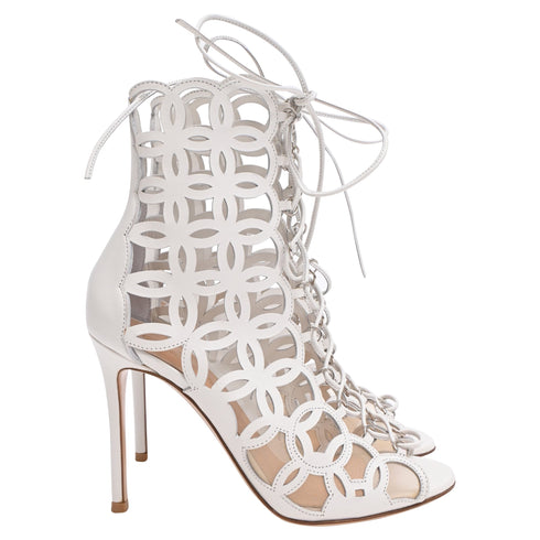 Women's Gianvito Rossi Cutout Lace-Up Sandal Heels in White Leather