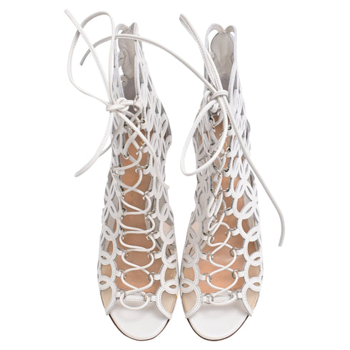 Women's Gianvito Rossi Cutout Lace-Up Sandal Heels in White Leather