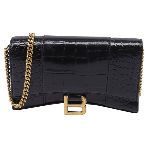 Hourglass Chain Wallet Crocodile Embossed Leather