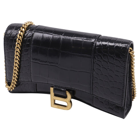 Hourglass Chain Wallet Crocodile Embossed Leather