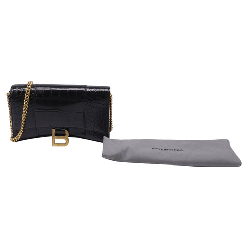 Hourglass Chain Wallet Crocodile Embossed Leather