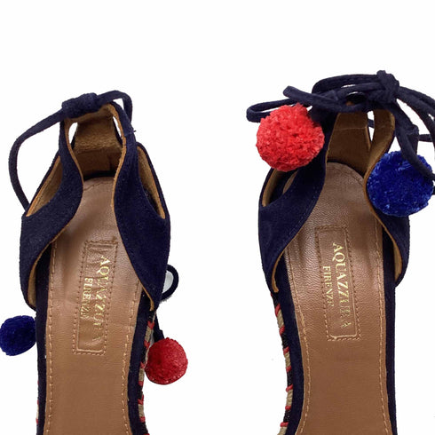 Women's Aquazzura Pom-Pom Embellishments Espadrille Wedge in Blue Suede