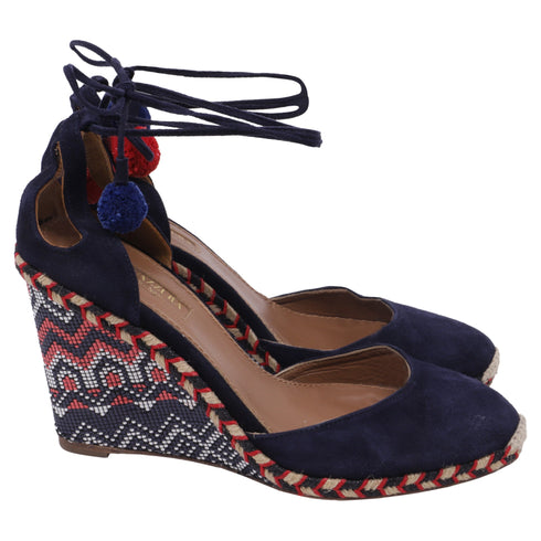 Women's Aquazzura Pom-Pom Embellishments Espadrille Wedge in Blue Suede