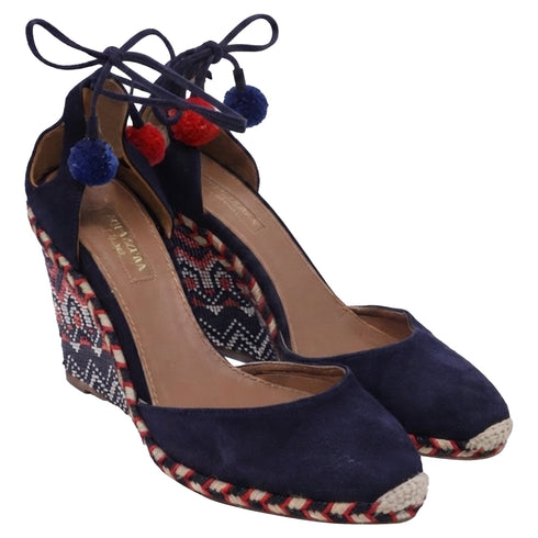 Women's Aquazzura Pom-Pom Embellishments Espadrille Wedge in Blue Suede