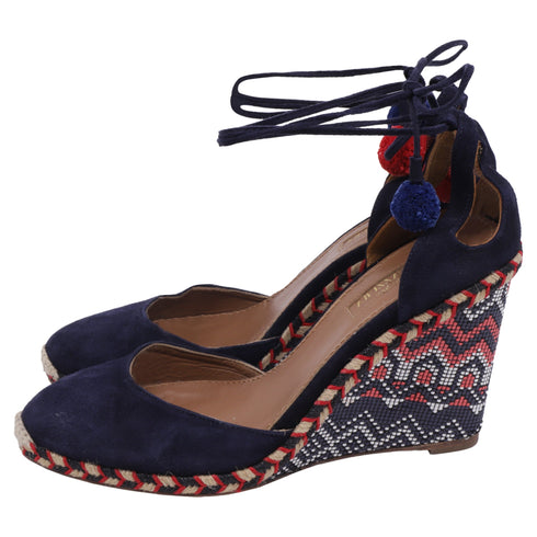 Women's Aquazzura Pom-Pom Embellishments Espadrille Wedge in Blue Suede