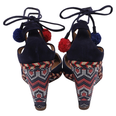 Women's Aquazzura Pom-Pom Embellishments Espadrille Wedge in Blue Suede