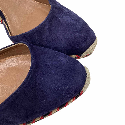 Women's Aquazzura Pom-Pom Embellishments Espadrille Wedge in Blue Suede