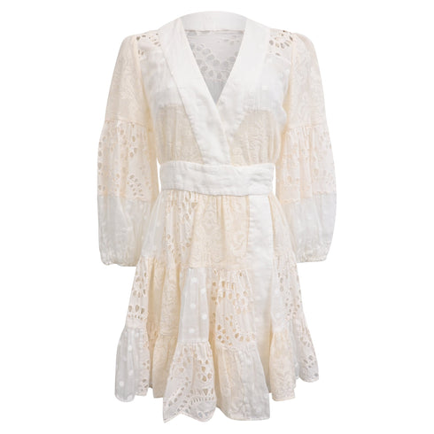 Women's Zimmermann Tiered Embroidered Broderie Anglaise Mini Wrap Dress in White Ramie