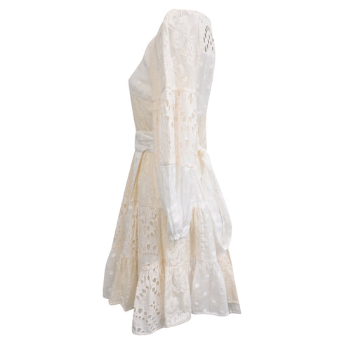 Women's Zimmermann Tiered Embroidered Broderie Anglaise Mini Wrap Dress in White Ramie