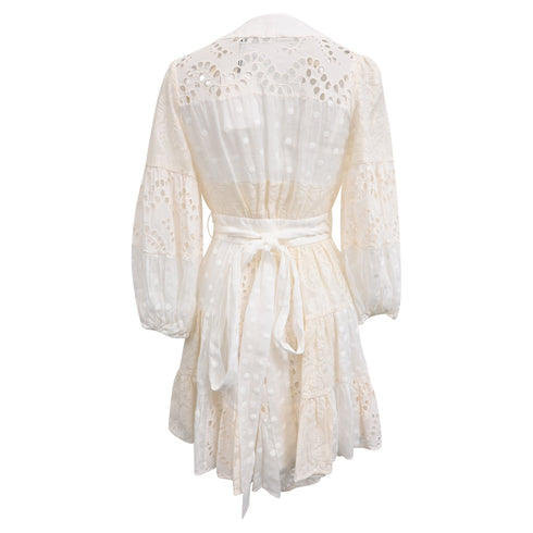 Women's Zimmermann Tiered Embroidered Broderie Anglaise Mini Wrap Dress in White Ramie