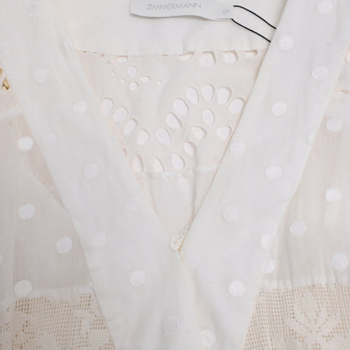 Women's Zimmermann Tiered Embroidered Broderie Anglaise Mini Wrap Dress in White Ramie