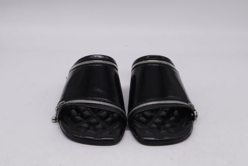 Women's Burberry Decorative-Zip Flat Sandals in Black Leather