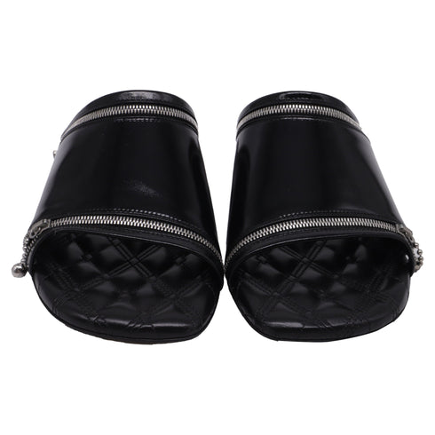 Women's Burberry Decorative-Zip Flat Sandals in Black Leather
