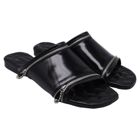 Women's Burberry Decorative-Zip Flat Sandals in Black Leather
