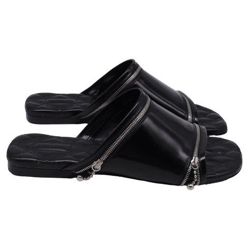 Women's Burberry Decorative-Zip Flat Sandals in Black Leather