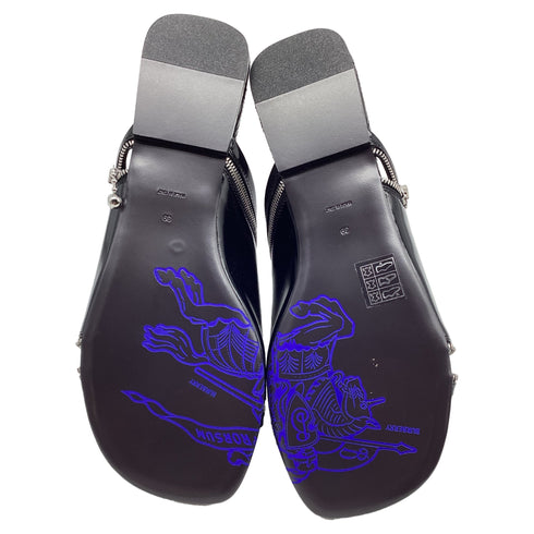 Women's Burberry Decorative-Zip Flat Sandals in Black Leather