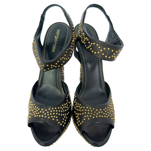 Women's Sergio Rossi Studded Platform Ankle Strap Sandals in Black Leather