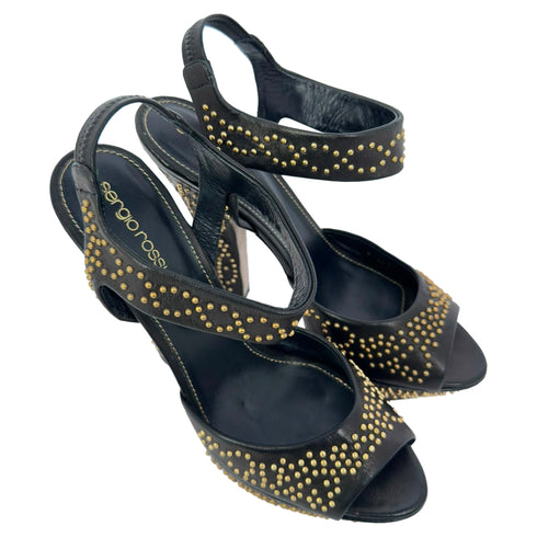 Women's Sergio Rossi Studded Platform Ankle Strap Sandals in Black Leather