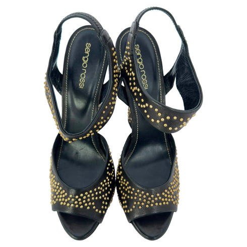 Women's Sergio Rossi Studded Platform Ankle Strap Sandals in Black Leather