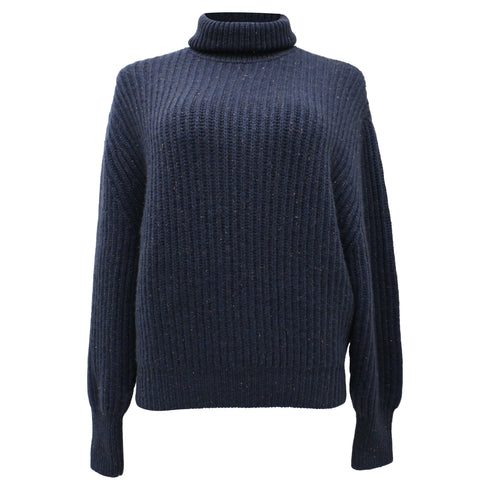 Women's Brunello Cucinelli Ribbed-Knit Rolled Neck Sweater in Navy Blue Cashmere