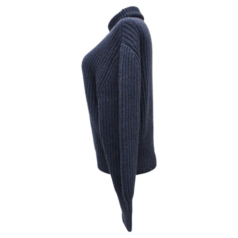 Women's Brunello Cucinelli Ribbed-Knit Rolled Neck Sweater in Navy Blue Cashmere