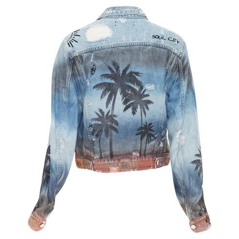 Women's Amiri Palm Tree Sunset airbrush distressed denim jacket